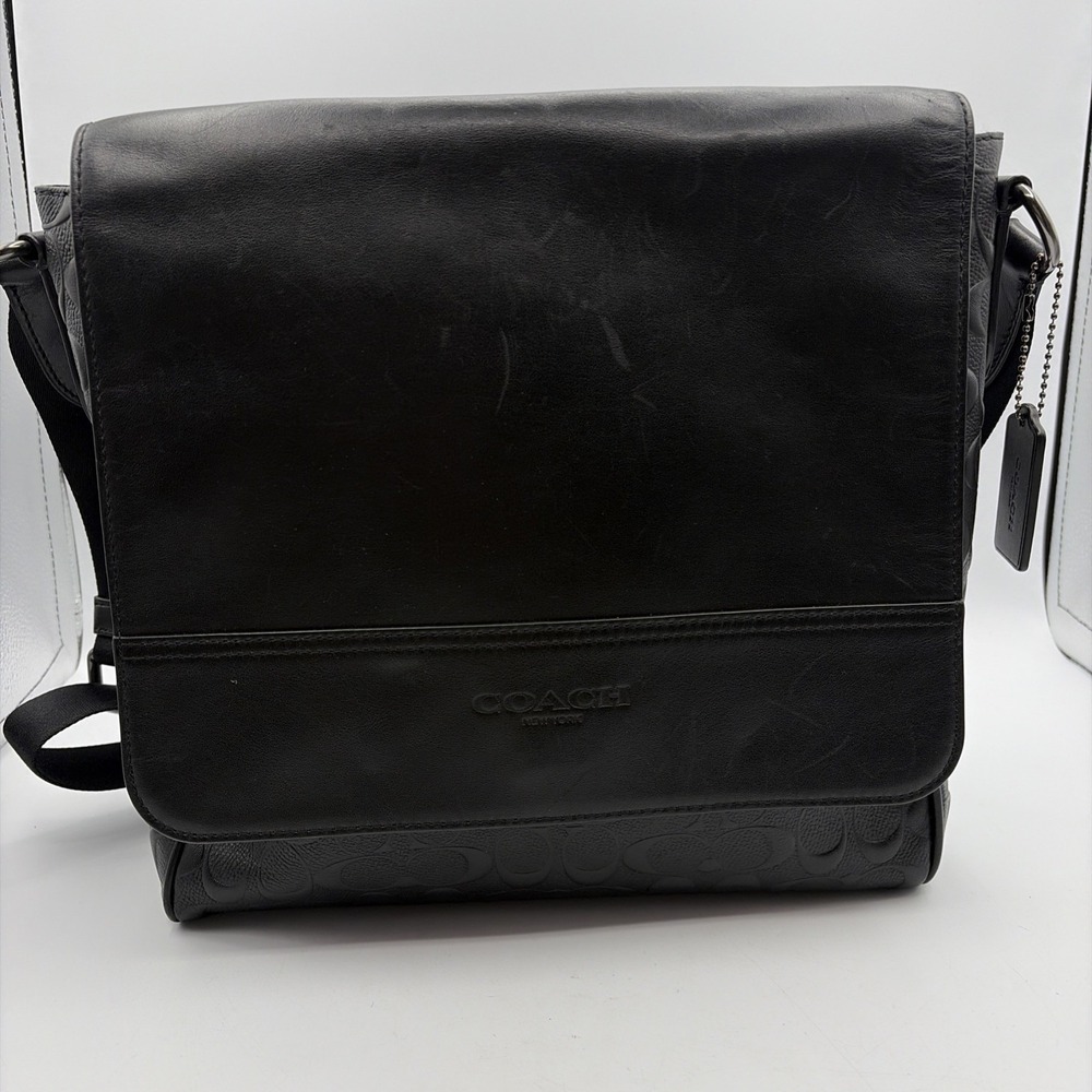 Coach Black Houston Map Signature Crossbody Messenger Leather Bag Unisex